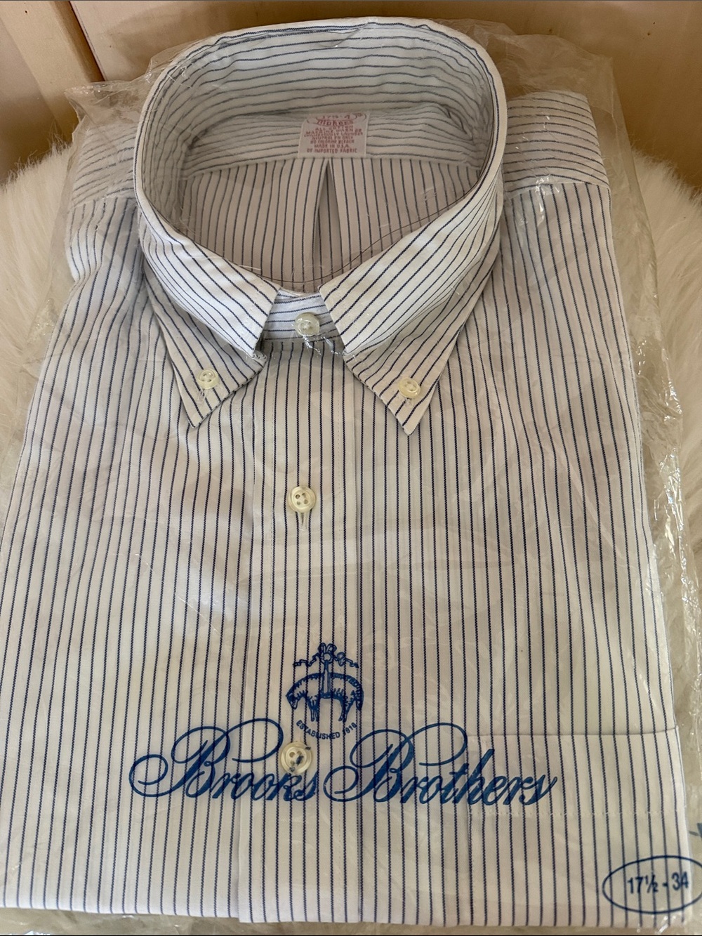 Brooks Brothers New Vintage White Shirt with Navy Pinstripes 17.5- 34